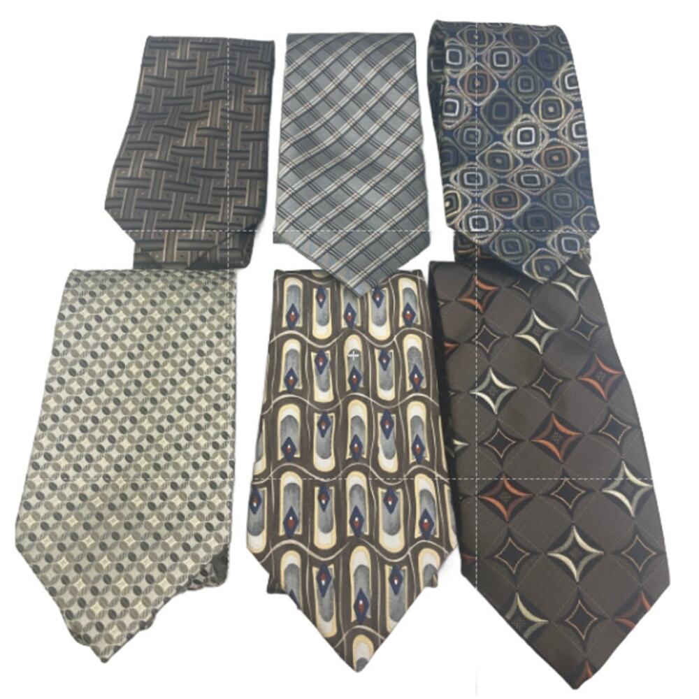 Lot of 6 Gold Brown Silver Striped Plaid Vintage and Modern Mens Neck Ties